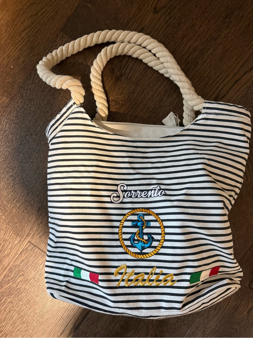 Black & White Striped Rope-Handle Tote with Nautical Anchor Embroidery